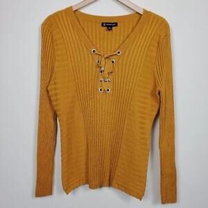 INC International Concepts Lace Up Ribbed Knit Top Yellow Petite XL Long Sleeve